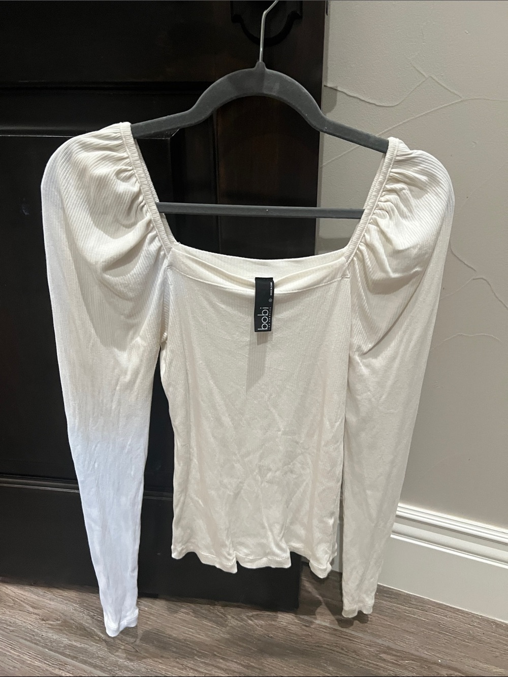 bobi Cream Ribbed Long Sleeve Square Neck Puff Shoulder Top